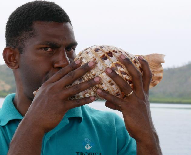 Tropica butler extraordinaire Apikui Delai demonstrates how to blow a conch shell. 

