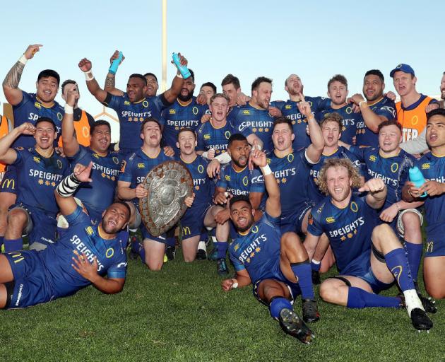 Otago celebrate with the Ranfurly Shield after winning the round nine Mitre 10 Cup match between Waikato and Otago at FMG Stadium on October 13, 2018 in Hamilton, New Zealand. Photo: Getty Images