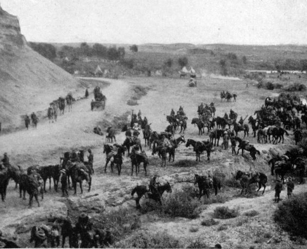 A squadron of the New Zealand Mounted Rifles watering the horses near the main crossing of the...