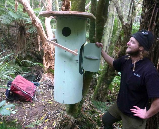 A luxury home: Geoff Clark displays one of the new nesting boxes he has built and installed for...