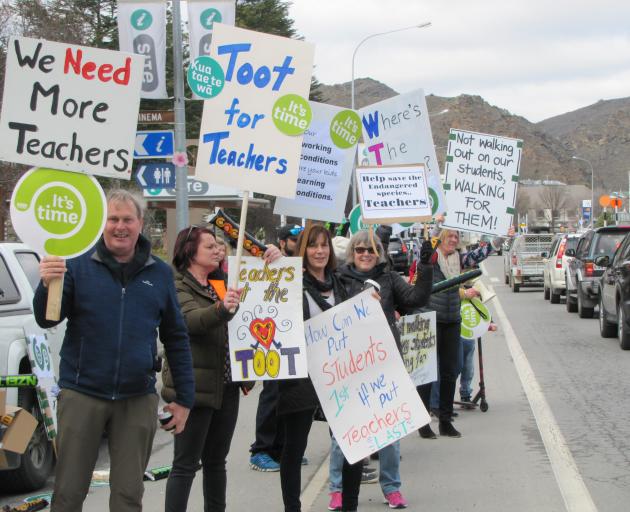 Central Otago teachers strike action outside Pioneer Park, Alexandra. Photo: Pam Jones