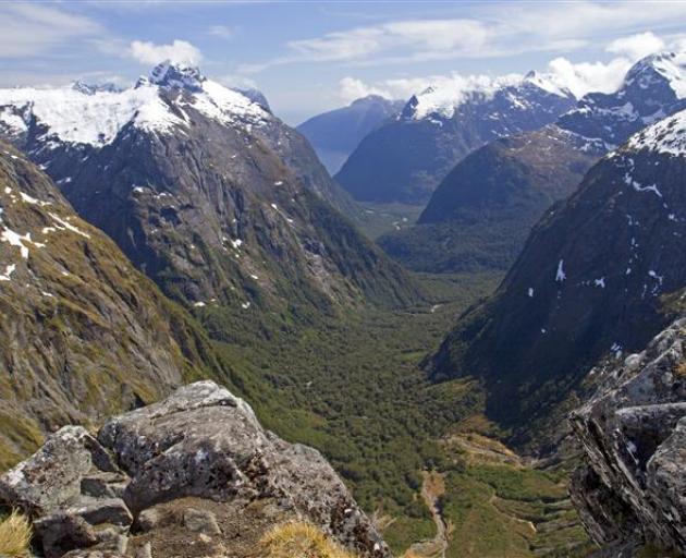 View from Gertrude Saddle through the valley to Milford Sound in Fiordland National Park. Photo:...