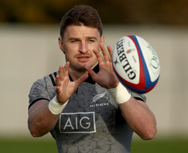 First five-eighth Beauden Barrett warms up during an All Blacks training session at The Lensbury...