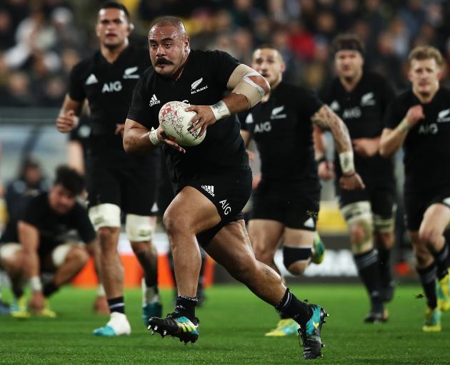 Karl Tu'inukuafe makes a break during the second test between the New Zealand and France in...