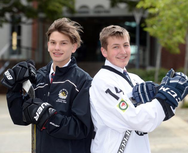 John McGlashan College pupils Billy Sheard (16), left, and Padraig MacKenzie (18) will represent New Zealand at the under-20 ice hockey world championship in Reykjavik in January next year. Photo: Linda Robertson