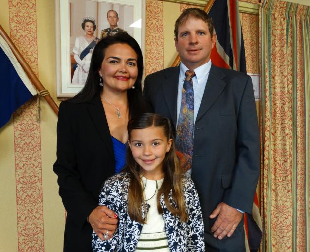 Newly-welcomed New Zealand citizen Gabriela Williamson with husband Henry and daughter Jessica (8...