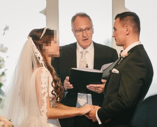 Celebrant Peter Doyle (centre) marries Karel Sroubek, aka Jan Antolik, in 2016. Photo: Dawn Thomson Photography