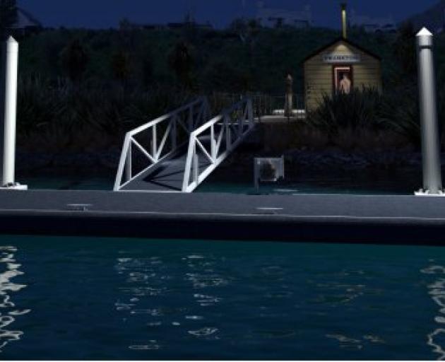 Computer-generated image shows the proposed pontoon and waiting room at night.
