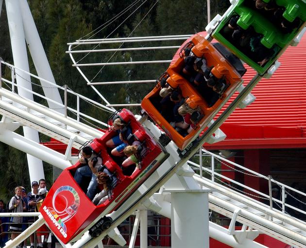 About 15 passengers were escorted off the Corkscrew Coaster at the Auckland theme park this morning after a back-up safety mechanism caused it to stop during the incline. Photo: Getty Images