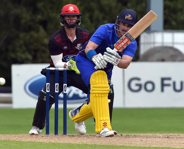 Otago batsman Hamish Rutherford plays the ball to the onside during his magnificent innings of 154 in a one-day match against Canterbury at the University of Otago Oval yesterday. The Canterbury wicketkeeper is Cam Fletcher. Photo: Gregor Richardson