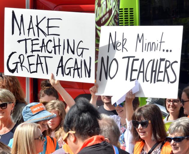 Strikes are ongoing but concessions have been made over contentious legislative labour law reforms; pictured, striking primary school teachers in Dunedin's Octagon a fortnight ago. Photo: Gerard O'Brien