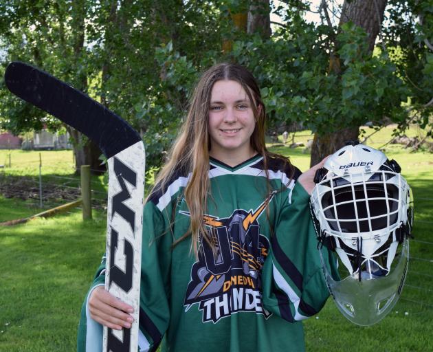 Breane Byck (13), of Ocean View, is a goalie for the Dunedin Thunder and Southern Knights ice hockey teams. Photo: Shawn McAvinue