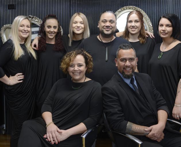 Ria and Sonna Reihana (front) with the Aurum Hairstylists team (from left) Bonna Martin, apprentices Becky Greenall and Rhianna Robinson, Mason Robust, Sydney Mowat and Nakita Reihana. Photo: Gerard O'Brien