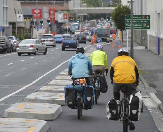 Dunedin’s one-way cycle lane system is almost complete, and pretty much ready to use. David Loughrey tried the system out, along with NZ Transport Agency project manager Simon Underwood. Photo: Gerard O'Brien