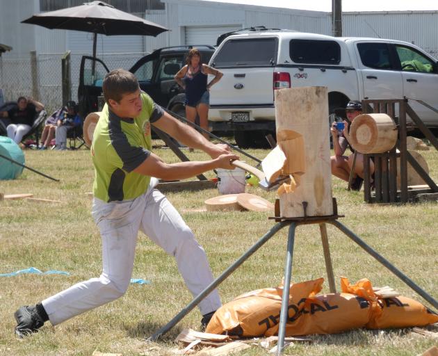 Swiss axeman Ollie Reinhard competes during the Gore round of the New Zealand Axemen's...