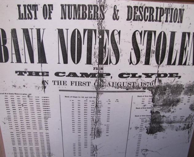 A copy of an 1870 declaration listing the serial numbers of bank notes stolen during a massive robbery from the camp in Clyde is displayed in the Clyde Museum.
