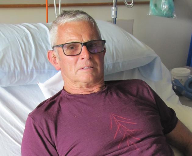Dunedin man Kevin Braid recovers in Dunstan Hospital from a dog attack while cycling the Alexandra to Clyde river track. His leg is still swollen and infected, and he is being monitored by hospital staff. Photo: Pam Jones