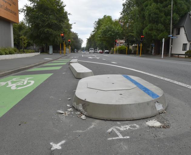 Additional signs will be placed along Dunedin's one-way cycle lanes after motorists have damaged the concrete island separators and their vehicles. Photo: Gregor Richardson