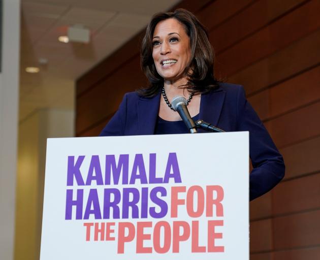 Senator Kamala Harris speaks to the media after announcing she will run for president of the United States. Photo: Reuters