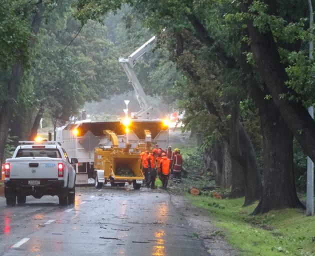 Crews work to remove downed trees from Centennial Ave in Arrowtown. Photo: Tracey Roxburgh