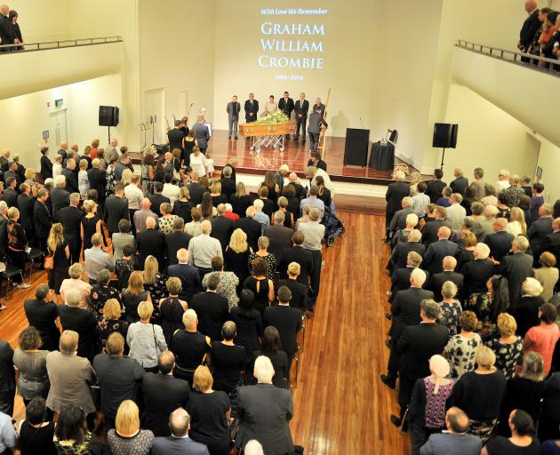 Friends and family members celebrate leading Dunedin figure Graham Crombie at Dunedin's Glenroy Auditorium. Photo: Christine O'Connor