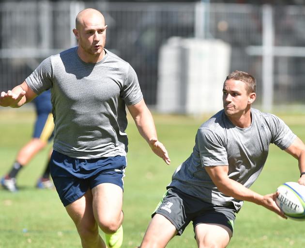 New Otago signing Kayne Hammington (right) looks to move the ball with Matt Faddes in support at...