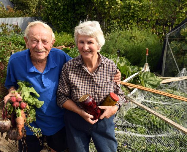 Gordon Pittaway and Ann Trevathan in their Wanaka garden with produce for the homecraft section...