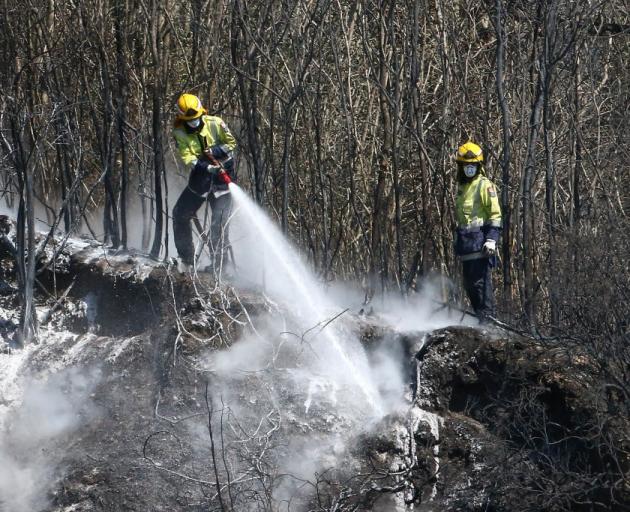 Firemen try to cool down smouldering land at Walters Bluff in the Tasman District. Photo: Getty...
