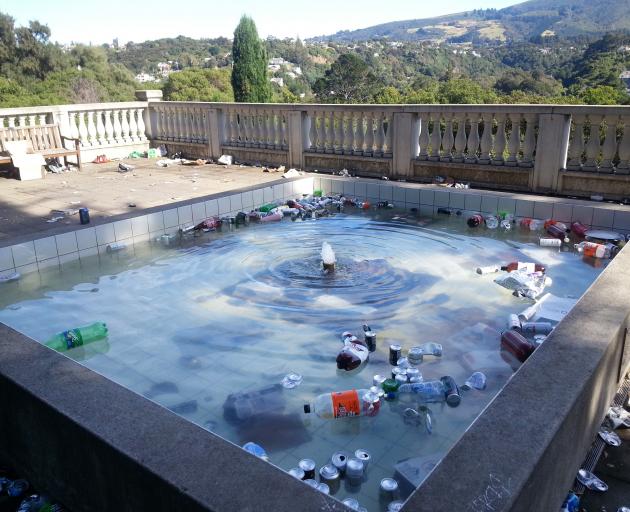 Discarded cans, bottles and other detritus litter the Mediterranean Garden, in the Dunedin Botanic Garden, following an alcohol-fuelled party there on Saturday night. Photo: Alan Matchett