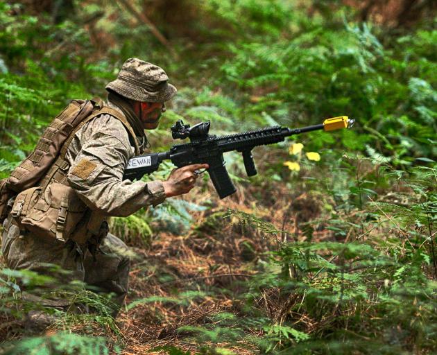 A Dunedin soldier scrambles through the undergrowth as he seeks a better position to cover his...