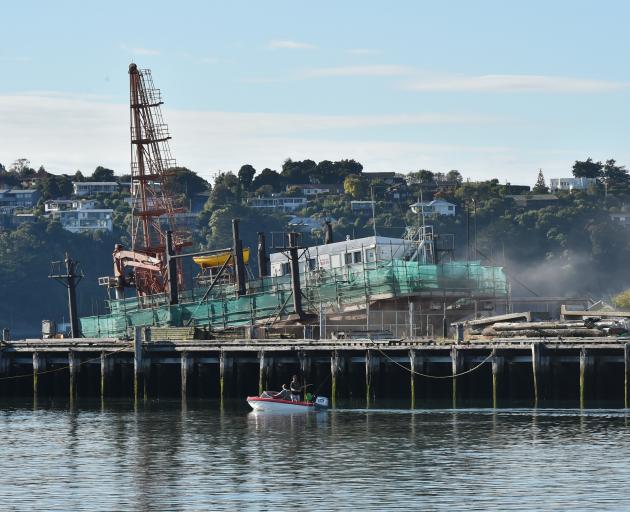 Port Otago’s pile driver Rahi Te Toha, up on the Kitchener St slipway for another week. Photo: Gregor Richardson