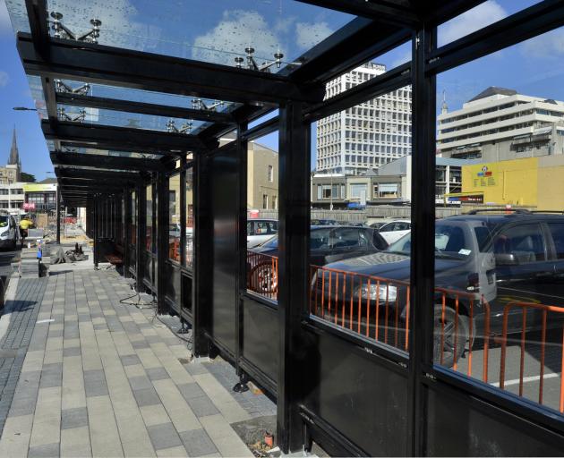 Glass shelters and new footpaths have been installed as  construction of Dunedin’s bus hub winds...