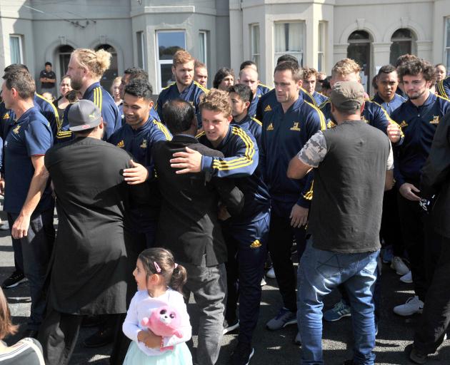 The Highlanders show its support for the Muslim community during a visit to Dunedin's Al Huda mosque today. Photo: Christine O'Connor