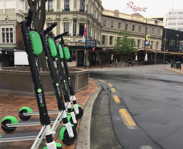 Lime e-scooters in the Dunedin Octagon in January 2019. Photo: James Hall 
