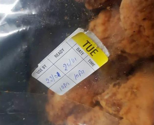 A bag of chicken at a Dunedin Pizza Hut which allegedly had a new expiry plastered over the old...