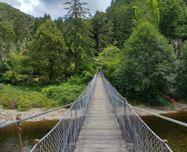 The gnarly old swingbridge draped across the Inangahua River. 
