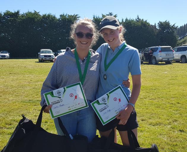 Rangiora High School pupils Caitlin Rhodes (left) and Luci Grigg celebrate after winning the Tasman region Junior Young Farmer of the Year contest on Saturday. Photo: New Zealand Young Farmers