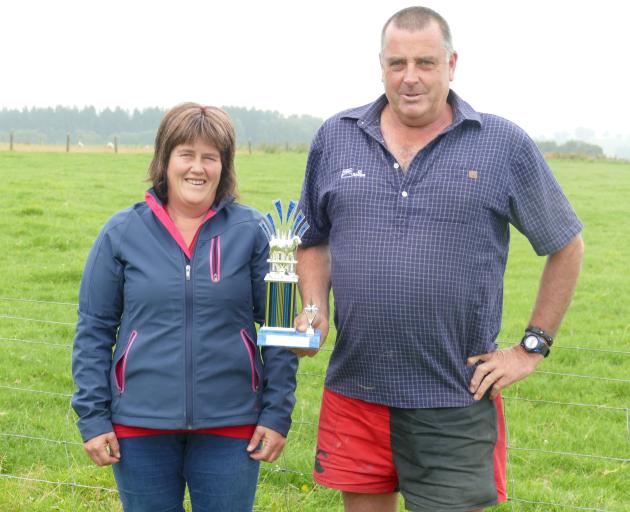 Joy and Nathan Dodd with their trophy from the carcass competition at the Gore A&P Show. Photo: Ken Muir