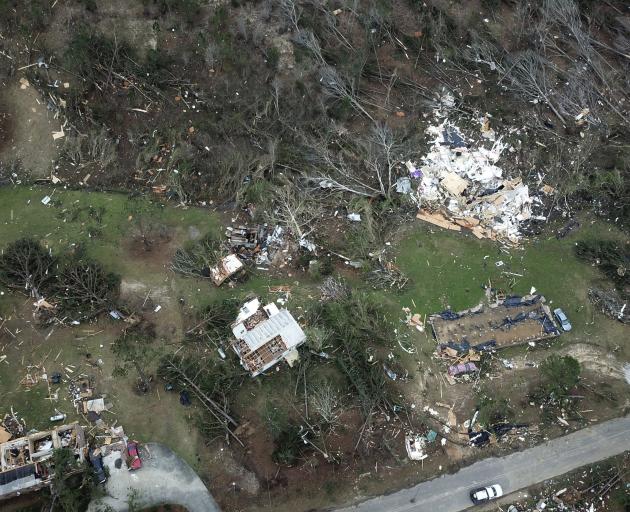 This aerial photo shows damage caused by the powerful tornado in Beauregard, Alabama. Photo: AP