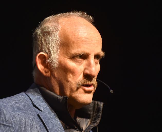 Gareth Morgan speaks at the Mayfair Theatre in Dunedin last night. Photo: Peter McIntosh