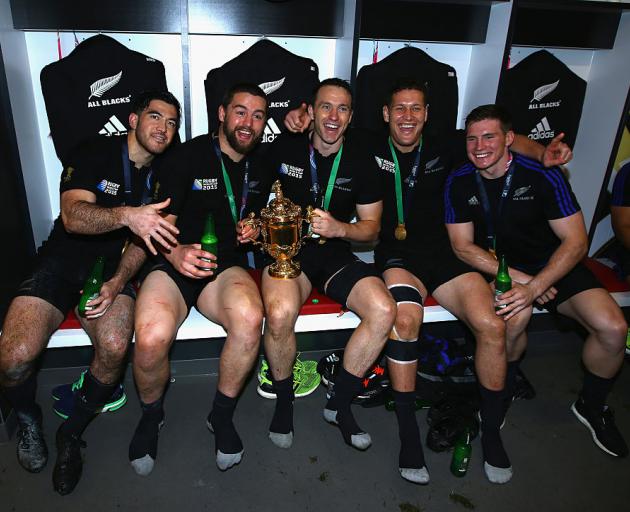 Nehe Milner-Skudder, Dane Coles, Ben Smith, and Tawera Kerr-Barlow of New Zealand pose with the...