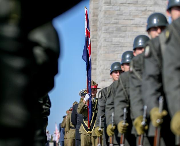 Soldiers from Australian and New Zealander units attend a ceremony at Canakkale Martyrs' Memorial...