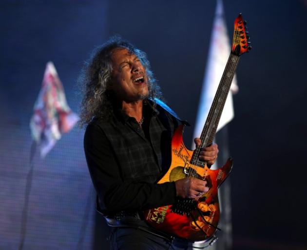 Metallica guitarist Kirk Hammett in action during the band's set at the Glastonbury Festival....