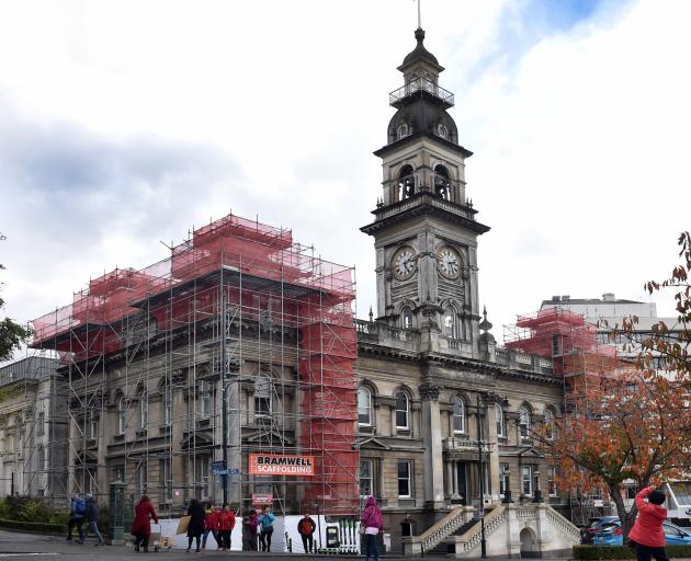 Scaffolding covers parts of the Municipal Chambers in Dunedin. PHOTO: PETER MCINTOSH