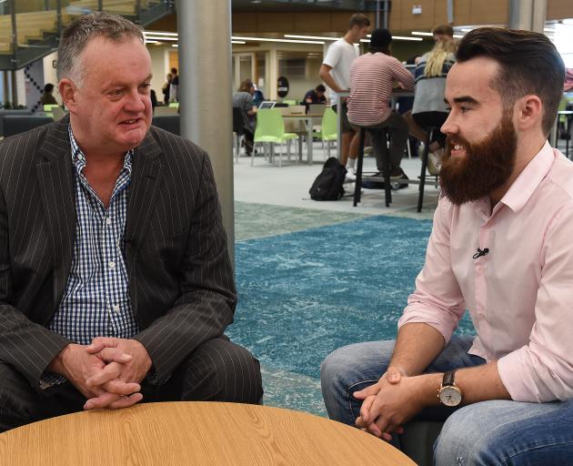 NZX director Nigel Babbage (left) is interviewed by Rory King, president of the Otago Finance and Accounting Society, at the University of Otago's Otago School of Business yesterday. Photo: Gregor Richardson