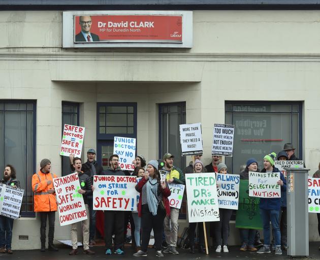 Resident doctors stage a protest outside Health Minister David Clark's Albany St electorate...