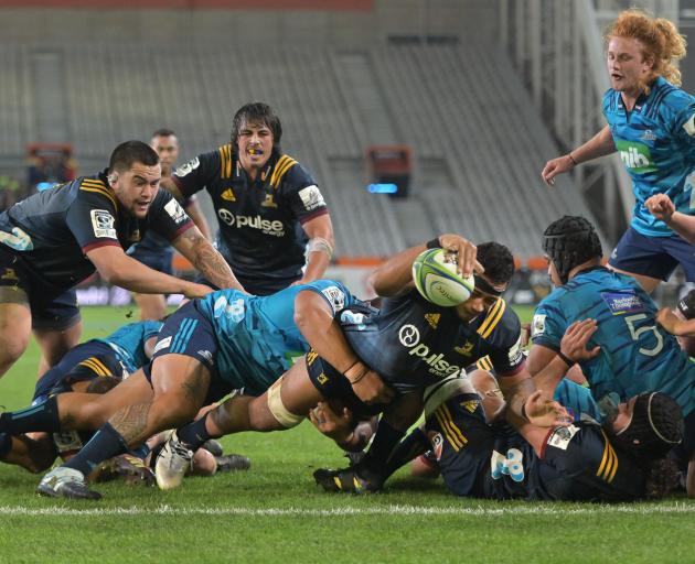 Shannon Frizell reaches out to score a try for the at Forsyth Barr Stadium on Saturday night. 