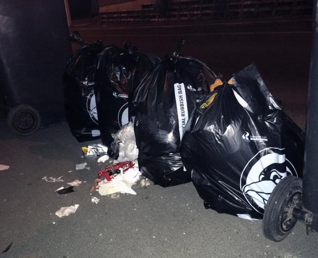 A torn black plastic Dunedin City Council rubbish bag in Mornington last week. PHOTO: SHAWN...