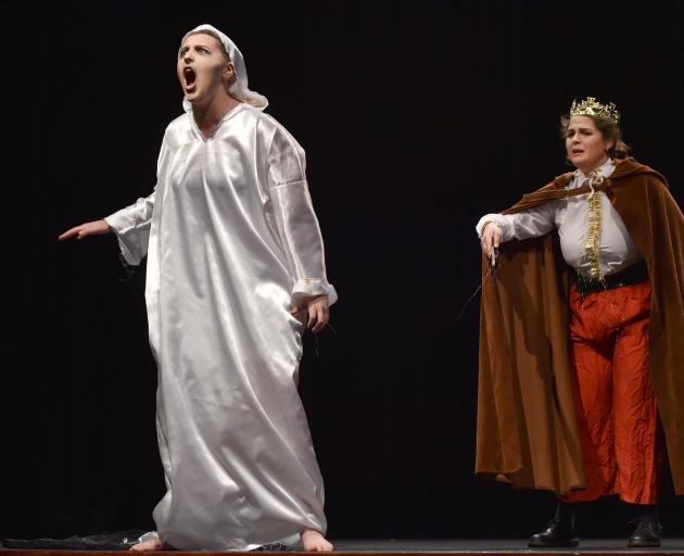 Wakatipu High School pupils Gracie Hansby (17) as the Ghost of King Hamlet and Annie Black (17)...