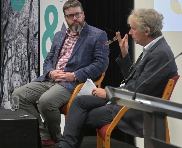 Dunedin-based writer and academic Liam McIlvanney (left) is interviewed by Steve Braunias at the...